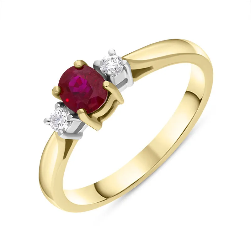 18ct Yellow Gold Ruby Diamond Oval Cut Three Stone Ring sold by Jura Watches