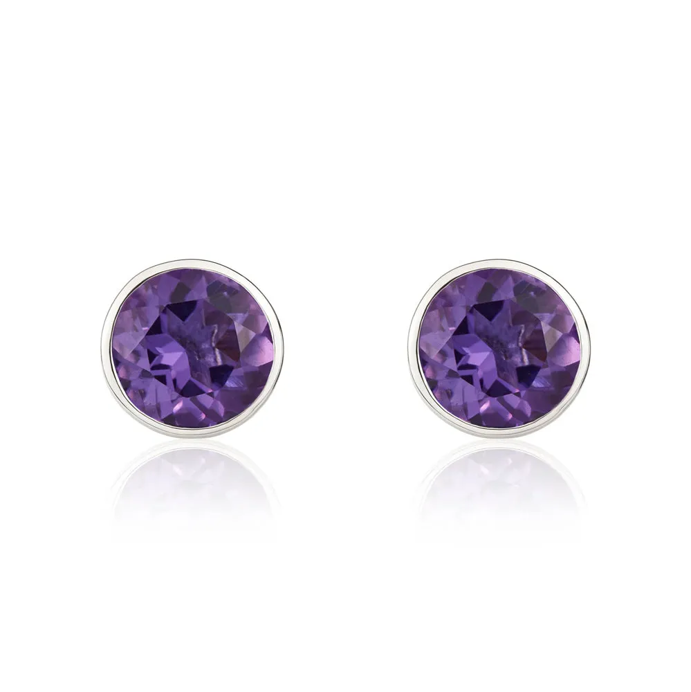 9ct White Gold Amethyst 5mm Round Rub Over Set Stud Earrings sold by Jura Watches