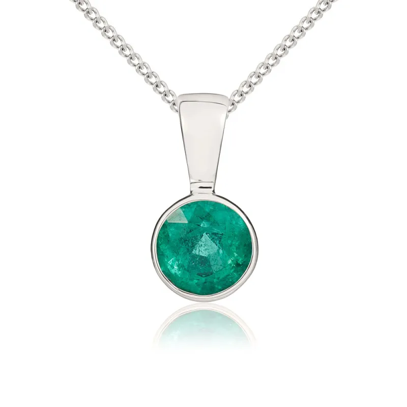 9ct White Gold Emerald 5mm Round Rub Over Set Necklace sold by Jura Watches