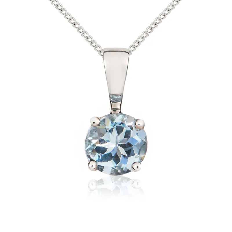 9ct White Gold Aquamarine 5mm Round Claw Set Necklace sold by Jura Watches