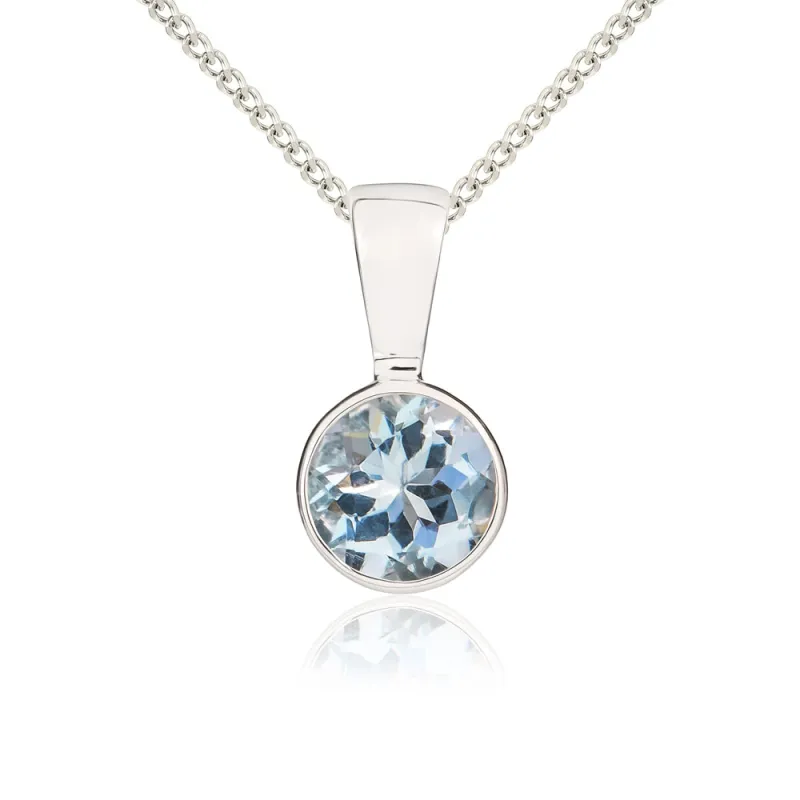 9ct White Gold Aquamarine 5mm Round Rub Over Set Necklace sold by Jura Watches