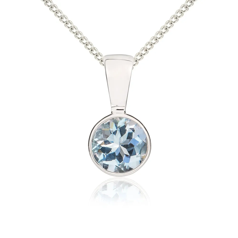 9ct White Gold Aquamarine 5mm Round Rub Over Set Necklace sold by Jura Watches