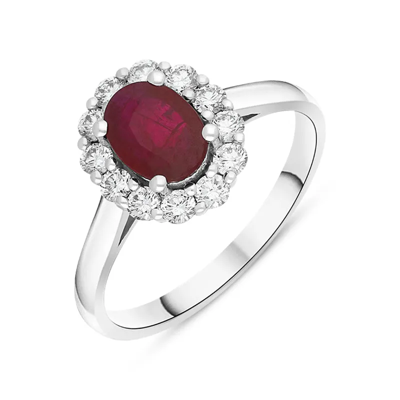 18ct White Gold 0.98ct Ruby Diamond Oval Cluster Halo Ring sold by Jura Watches