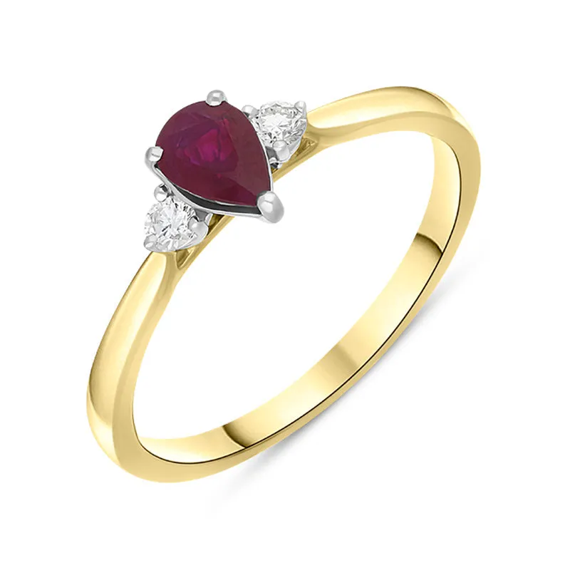 18ct Yellow Gold 0.52ct Ruby Diamond Pear Cut Three Stone Ring sold by Jura Watches
