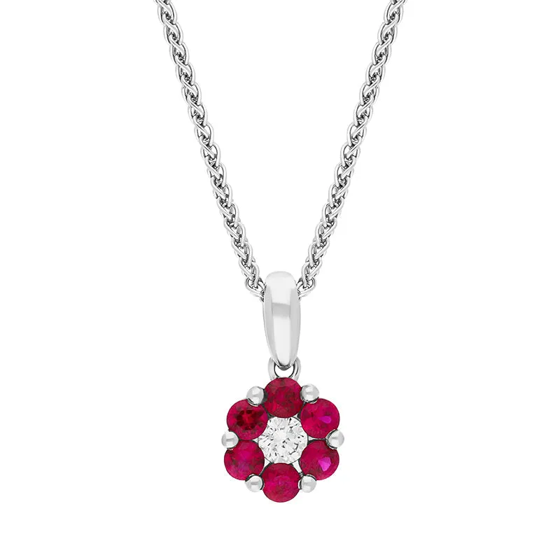 18ct White Gold Ruby Diamond Round Cluster Pendant sold by Jura Watches