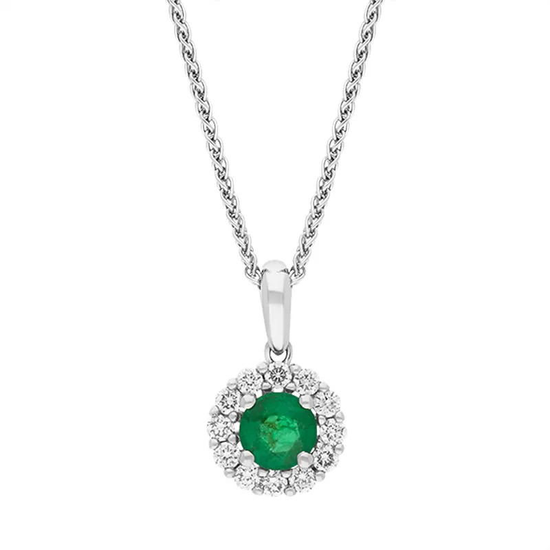 18ct White Gold Emerald Diamond Round Cluster Pendant sold by Jura Watches