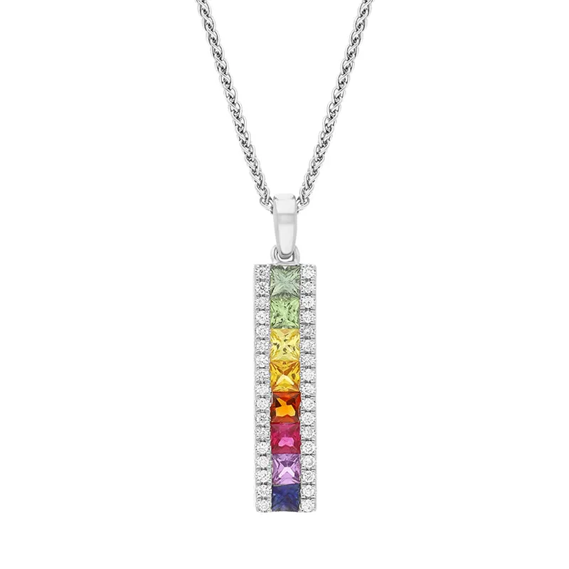 18ct White Gold Multicoloured Sapphire Diamond Bar Pendant sold by Jura Watches