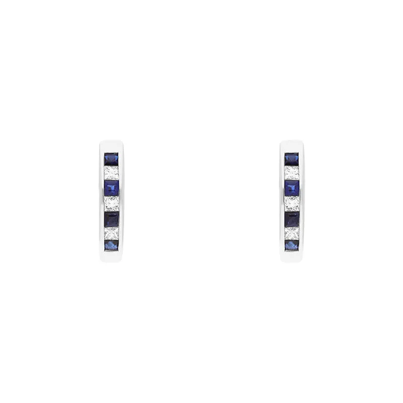 18ct White Gold Sapphire Diamond Princess Cut Hoop Earrings sold by Jura Watches