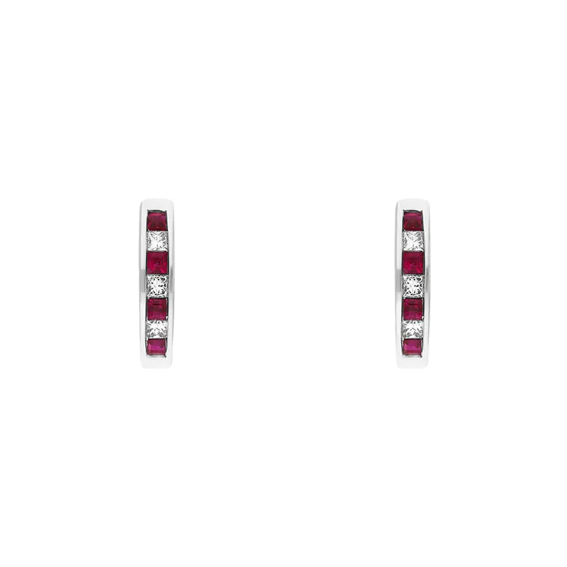 18ct White Gold Ruby Diamond Princess Cut Hoop Earrings sold by Jura Watches