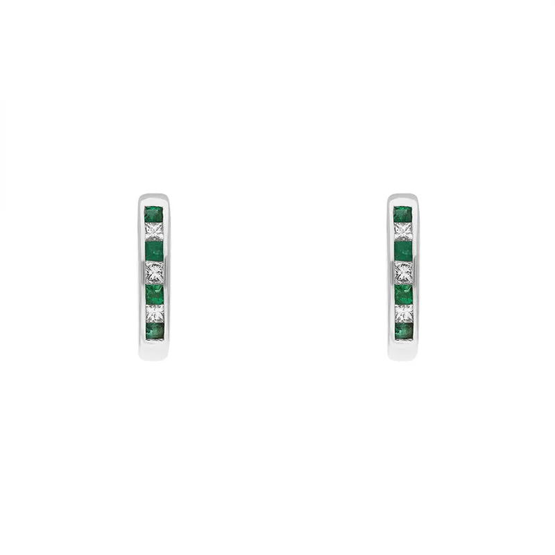 18ct White Gold Emerald Diamond Princess Cut Hoop Earrings sold by Jura Watches
