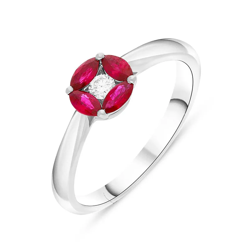 18ct White Gold Ruby Diamond Marquise Stone Round Cluster Ring sold by Jura Watches