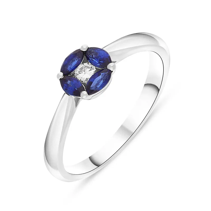 18ct White Gold Sapphire Diamond Marquise Stone Round Cluster Ring sold by Jura Watches