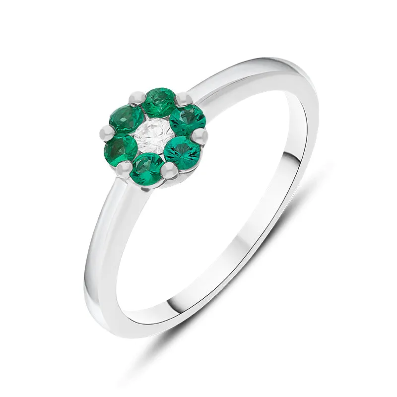 18ct White Gold Emerald Diamond Round Cluster Ring sold by Jura Watches