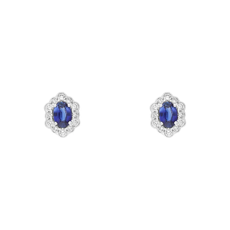 18ct White Gold Sapphire Diamond Oval Cluster Stud Earrings sold by Jura Watches