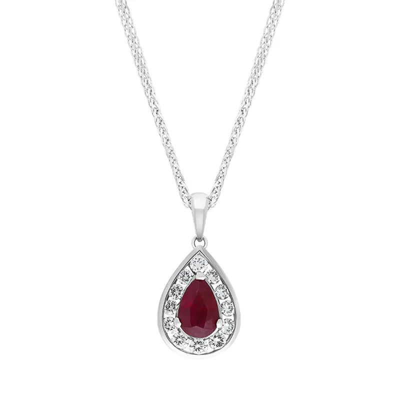 18ct White Gold Ruby Diamond Cluster Pear Pendant sold by Jura Watches
