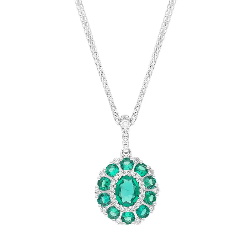 18ct White Gold Emerald Diamond Cluster Oval Pendant sold by Jura Watches