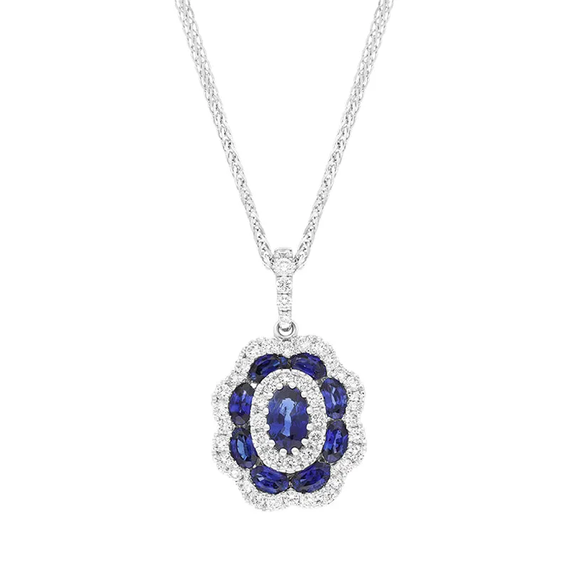 18ct White Gold Sapphire Diamond Cluster Oval Pendant sold by Jura Watches