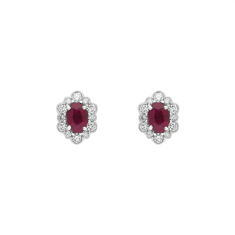 18ct White Gold Ruby Diamond Cluster Oval Stud Earrings sold by Jura Watches