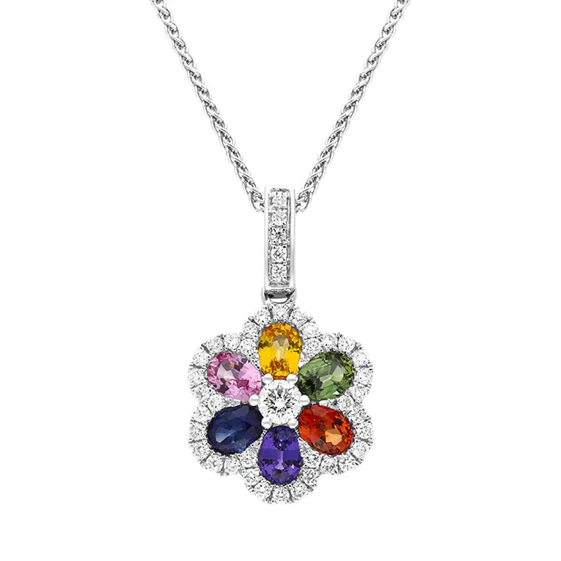 18ct White Gold Sapphire Diamond Cluster Multicolour Flower Pendant sold by Jura Watches