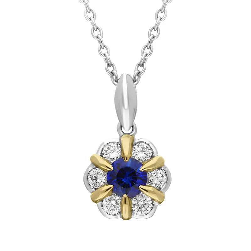 18ct White and Yellow Gold Sapphire Diamond Cluster Flower Pendant sold by Jura Watches
