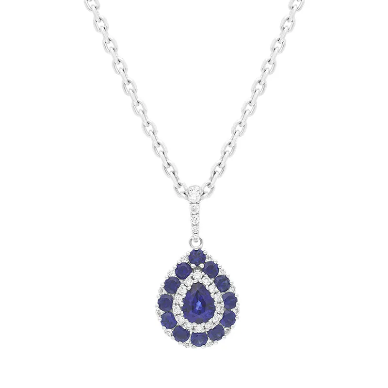 18ct White Gold 0.84ct Sapphire Diamond Cluster Pear Necklace sold by Jura Watches