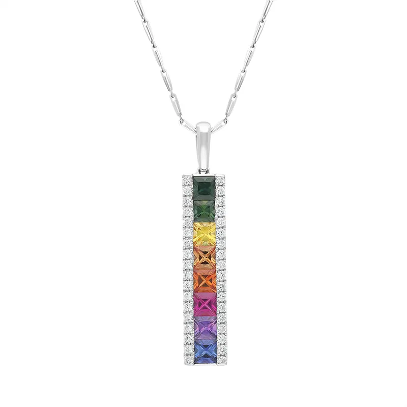 18ct White Gold Sapphire Diamond Princess Cut Multicoloured Bar Pendant sold by Jura Watches