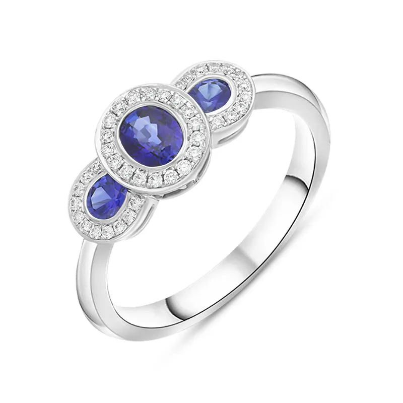 18ct White Gold Sapphire Diamond Pave Triple Cluster Ring sold by Jura Watches