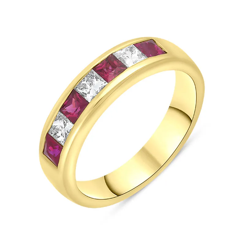 18ct Yellow Gold Ruby Diamond Seven Stone Princess Cut Channel Set Ring sold by Jura Watches