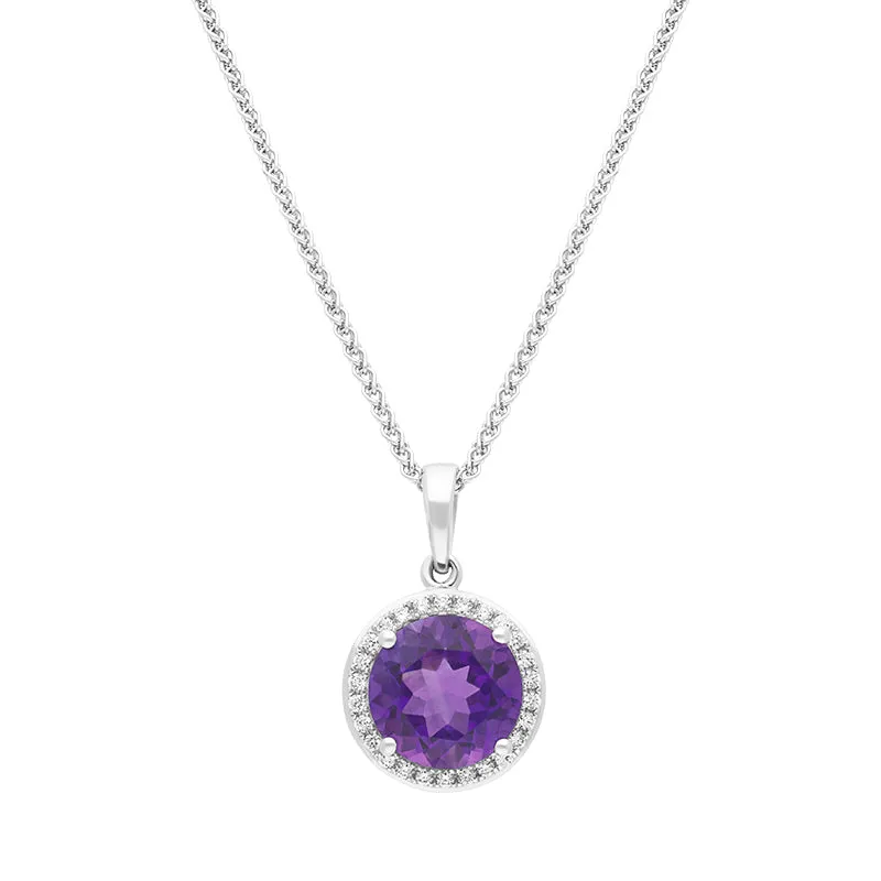 18ct White Gold Amethyst Diamond Round Cluster Pendant sold by Jura Watches