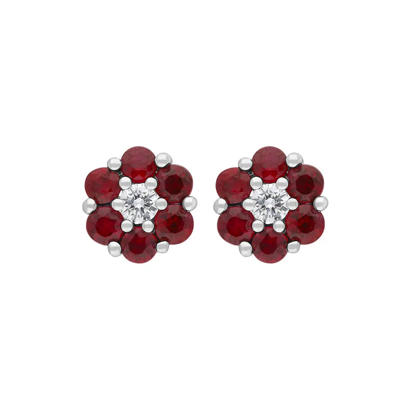 18ct White Gold Ruby Diamond Flower Stud Earrings sold by Jura Watches