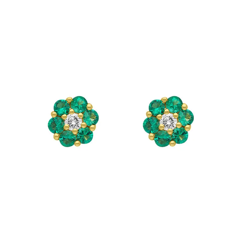 18ct Yellow Gold Emerald Diamond Round Cluster Flower Stud Earrings sold by Jura Watches