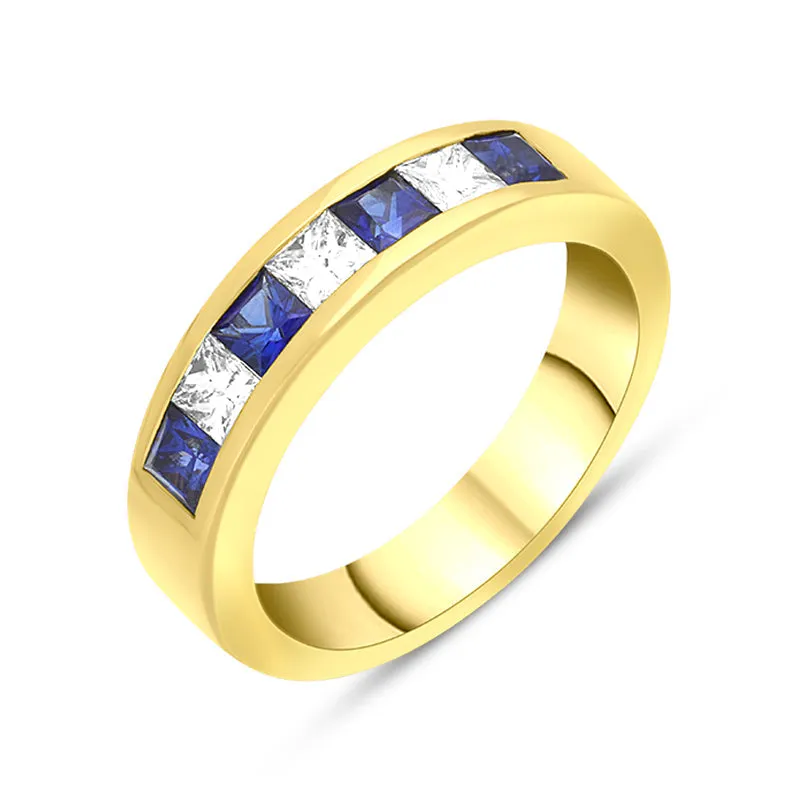 18ct Yellow Gold Sapphire Diamond Princess Cut Channel Set Half Eternity Ring sold by Jura Watches