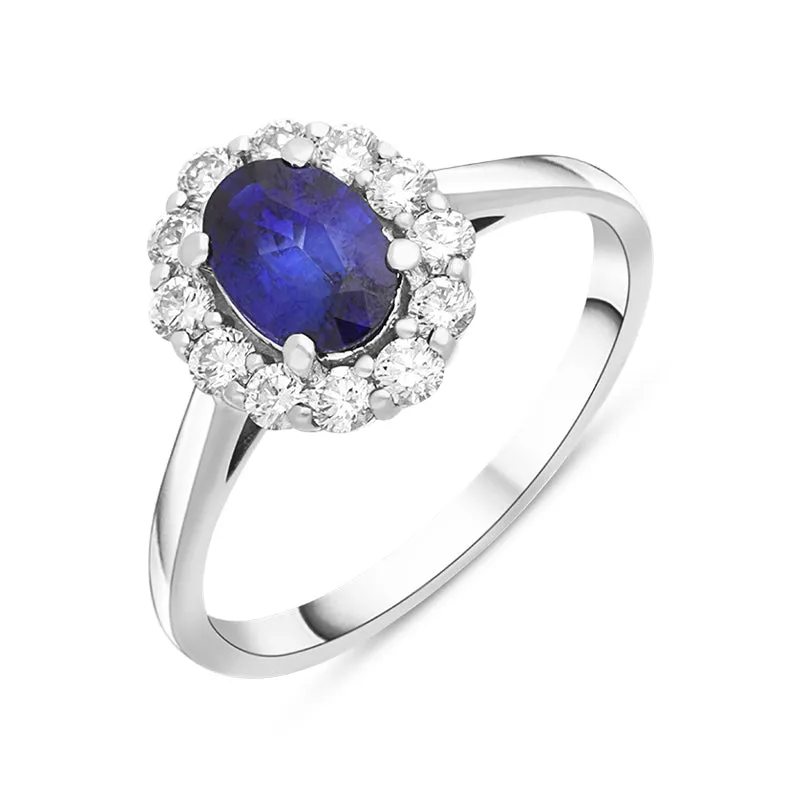 18ct White Gold 0.75ct Sapphire Diamond Halo Ring sold by Jura Watches