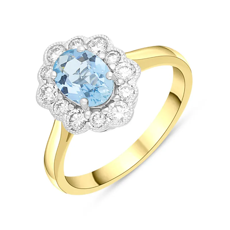 18ct Yellow Gold 0.67ct Aquamarine Diamond Halo Ring sold by Jura Watches
