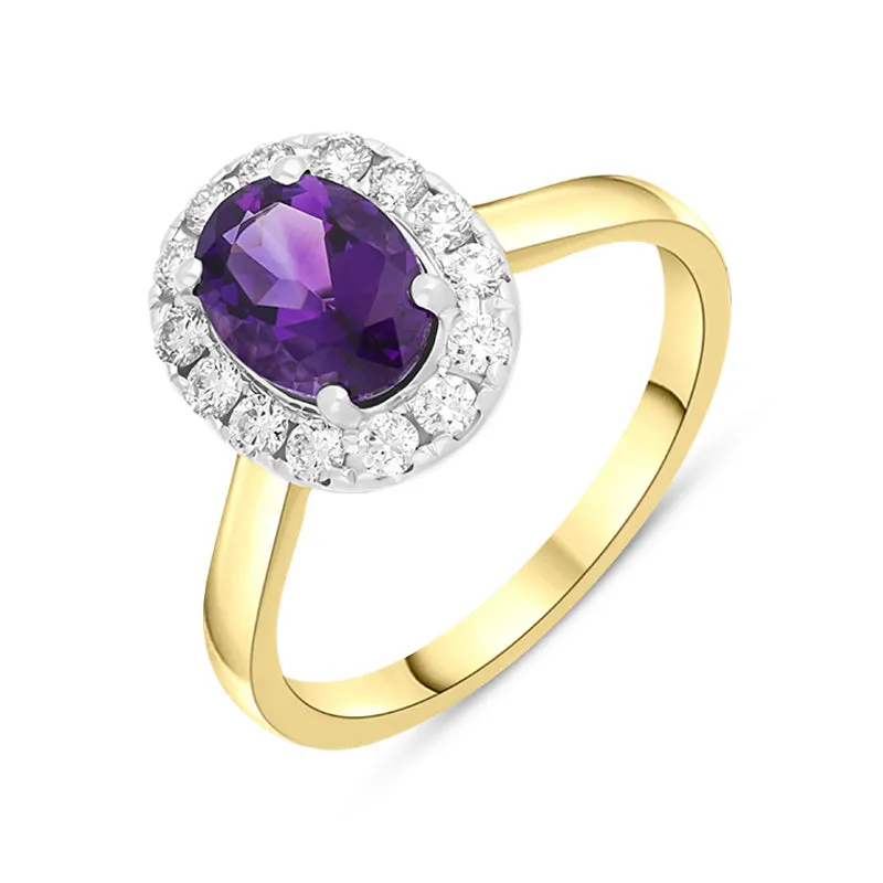 18ct Yellow Gold 1.10ct Amethyst Diamond Halo Ring sold by Jura Watches