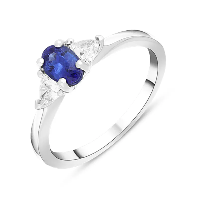 18ct White Gold 0.60ct Sapphire Diamond Oval and Trilliant Cut Three Stone Ring sold by Jura Watches