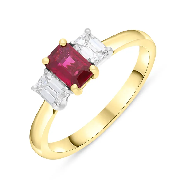 18ct Yellow Gold Ruby Diamond Emerald Cut Three Stone Ring sold by Jura Watches