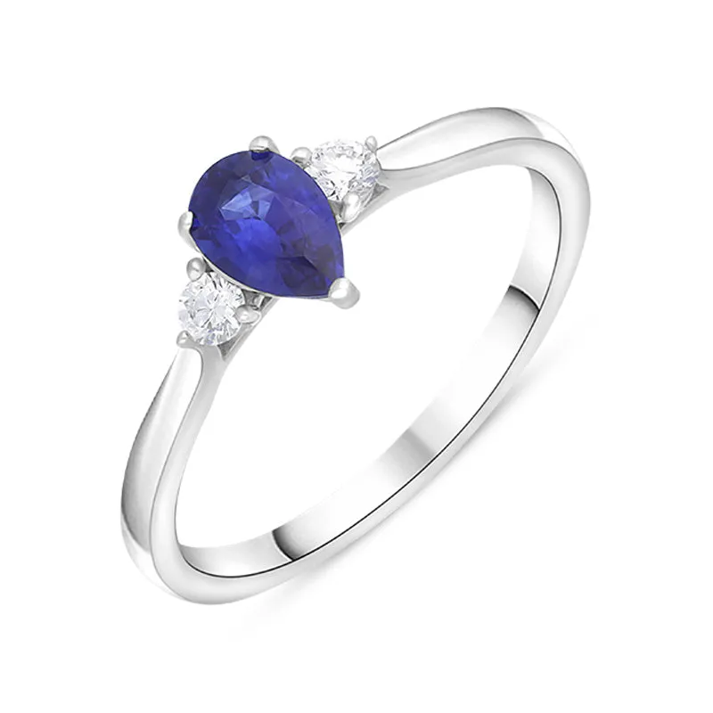18ct White Gold 0.50ct Sapphire Diamond Round Brilliant and Pear Cut Three Stone Ring sold by Jura Watches