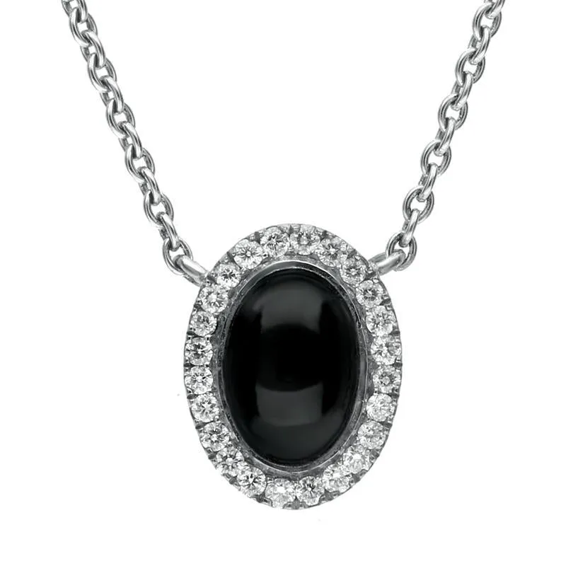 18ct White Gold Whitby Jet 0.10cts Diamond Oval Cluster Necklace sold by Jura Watches