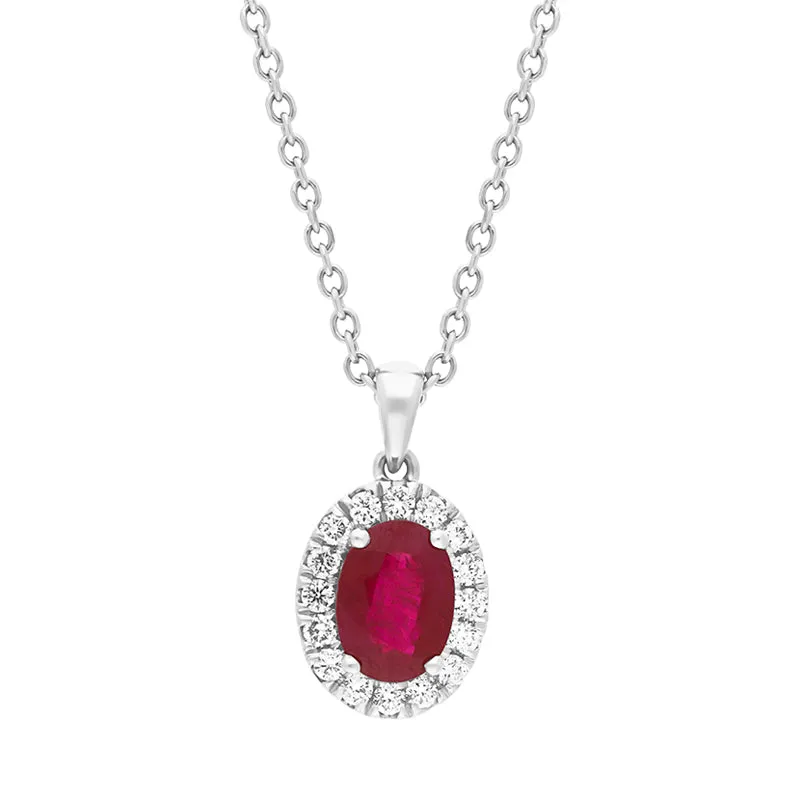 Platinum 0.95ct Ruby Diamond Oval Cluster Pendant Necklace sold by Jura Watches