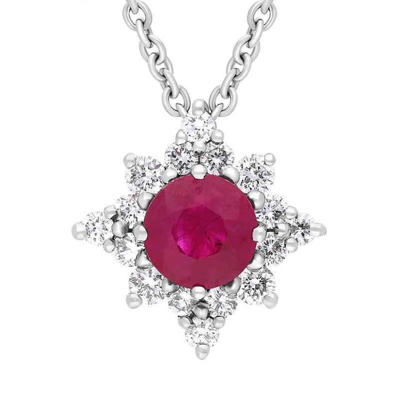 18ct White Gold Ruby Diamond Cluster Star Pendant Necklace sold by Jura Watches
