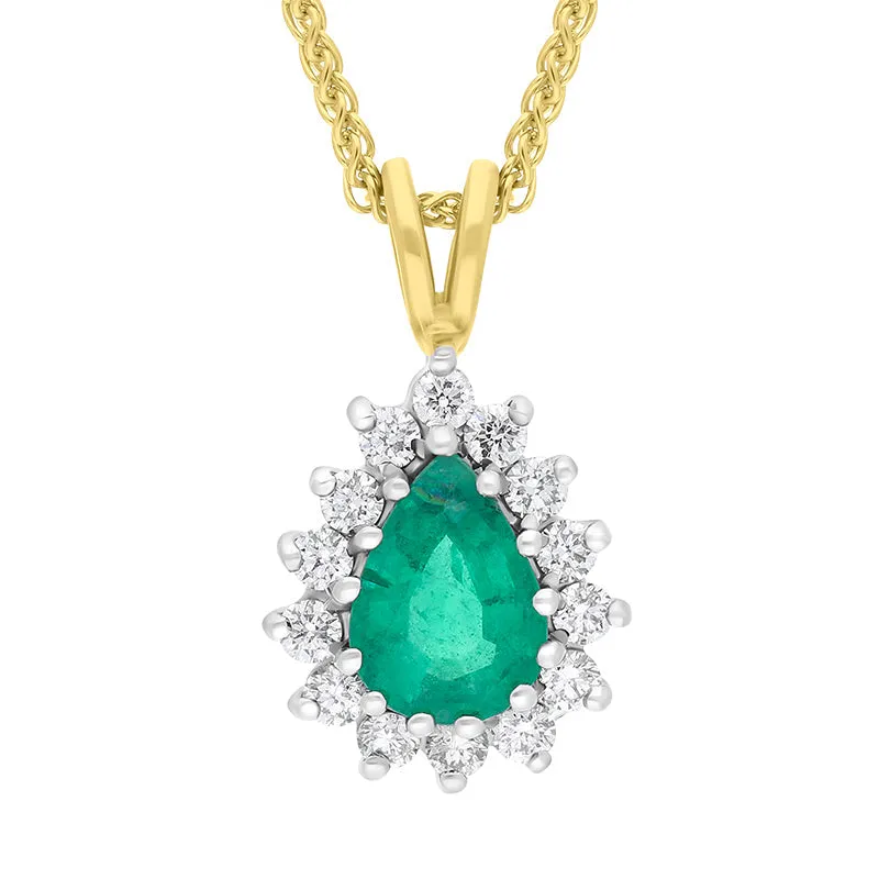 18ct Yellow Gold Emerald Diamond Cluster Pear Cut Pendant Necklace sold by Jura Watches