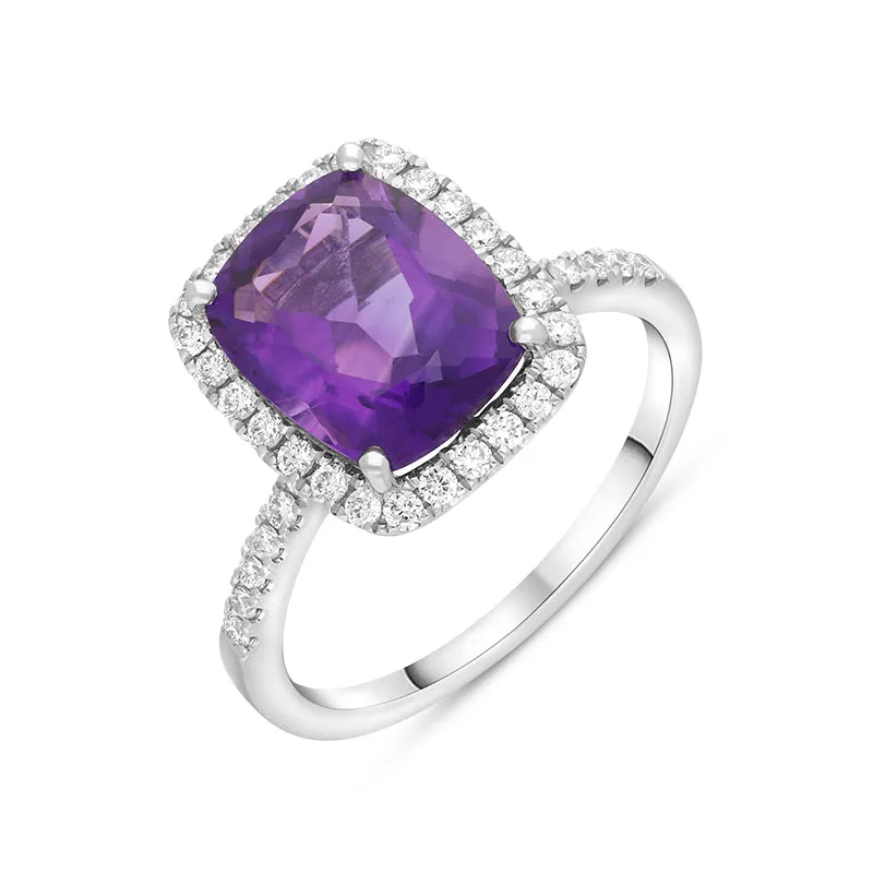 18ct White Gold 2.58ct Amethyst Diamond Shoulder Set Halo Ring sold by Jura Watches