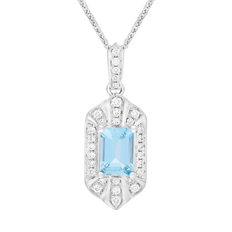 18ct White Gold Aquamarine Diamond Emerald Cut Cluster Pendant sold by Jura Watches