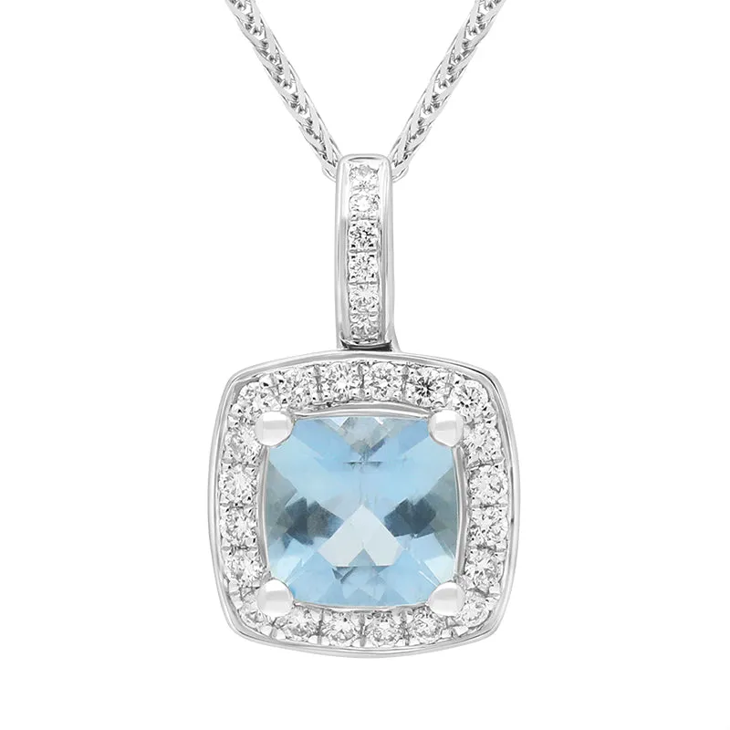 18ct White Gold Aquamarine Diamond Cushion Cut Cluster Pendant sold by Jura Watches