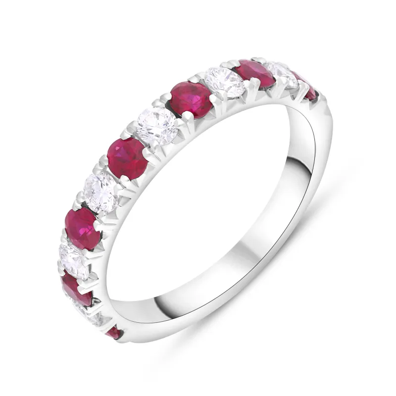18ct White Gold Ruby Diamond Castle Claw Set Half Eternity Ring sold by Jura Watches