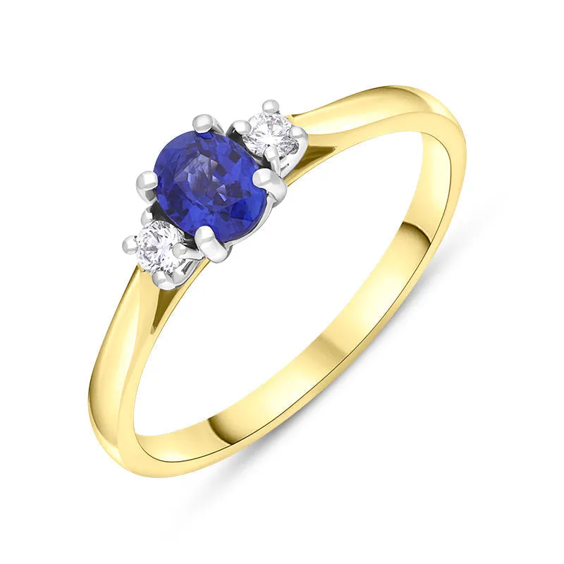18ct Yellow Gold Sapphire Diamond Oval Cut Three Stone Ring sold by Jura Watches