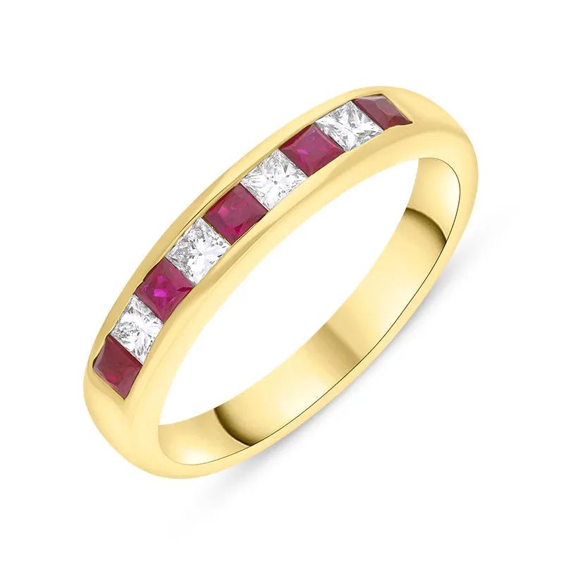 18ct Yellow Gold Ruby Diamond Princess Cut Channel Set Eternity Ring sold by Jura Watches