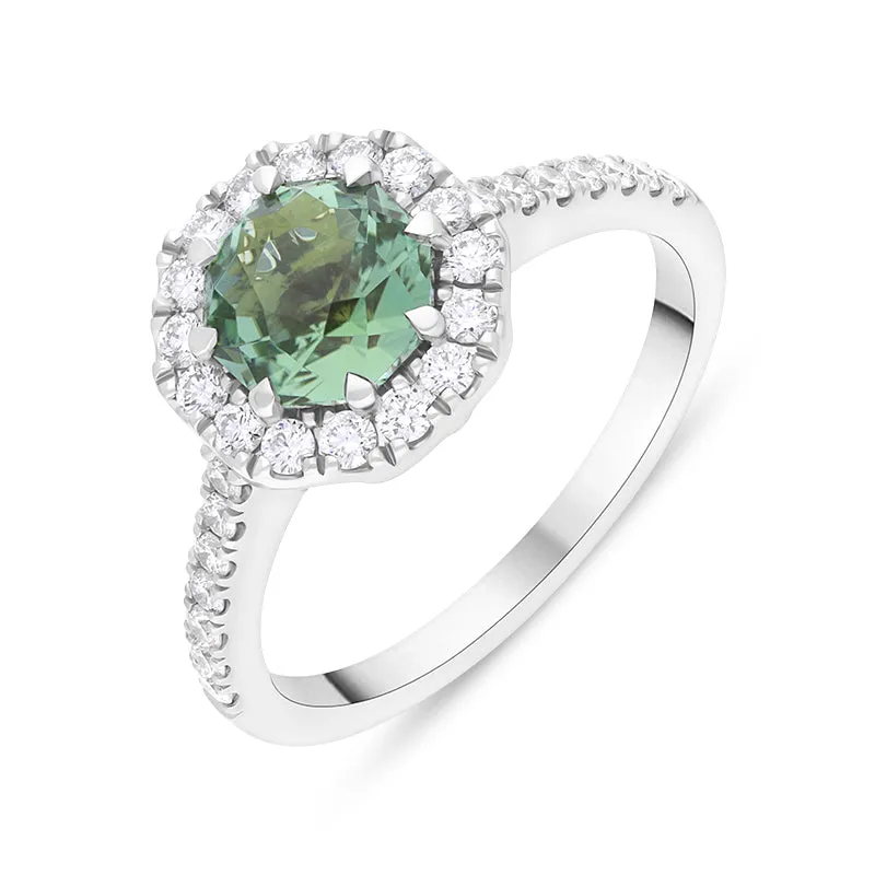18ct White Gold Green Tourmaline Diamond Shoulder Set Octagon Cluster Ring sold by Jura Watches