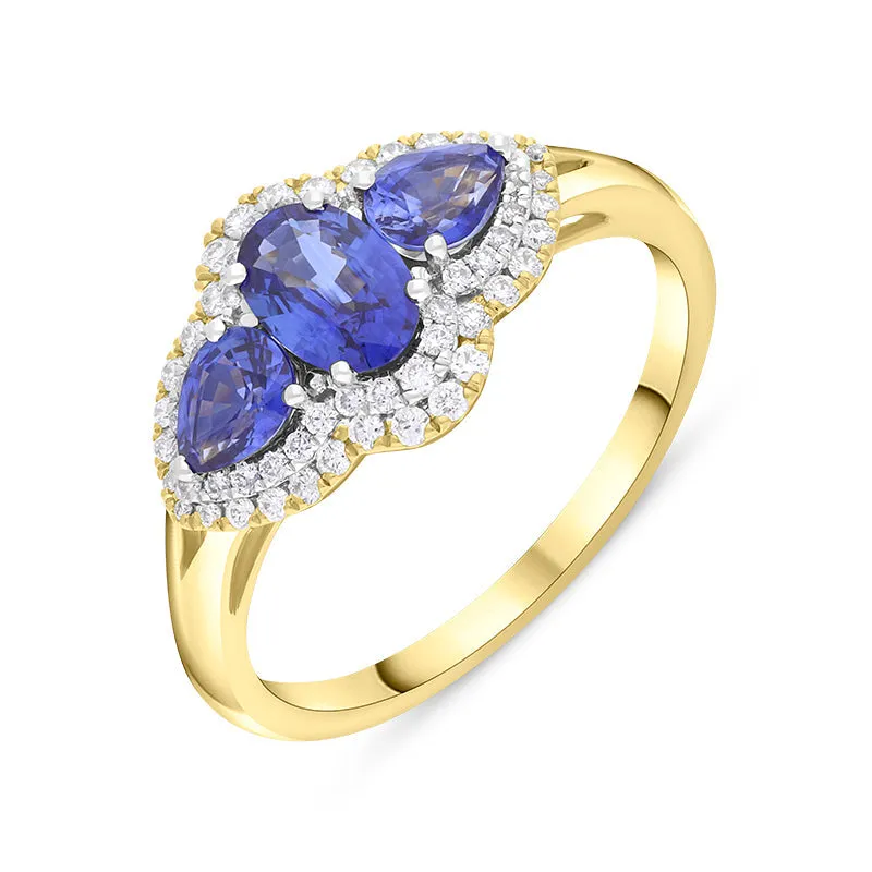 18ct Yellow Gold Sapphire Diamond Three Stone Cluster Ring sold by Jura Watches